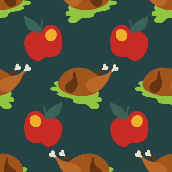 Modèle vectoriel sans couture de dinde rôtie colorée sur le plat de salade et les pommes — Image vectorielle