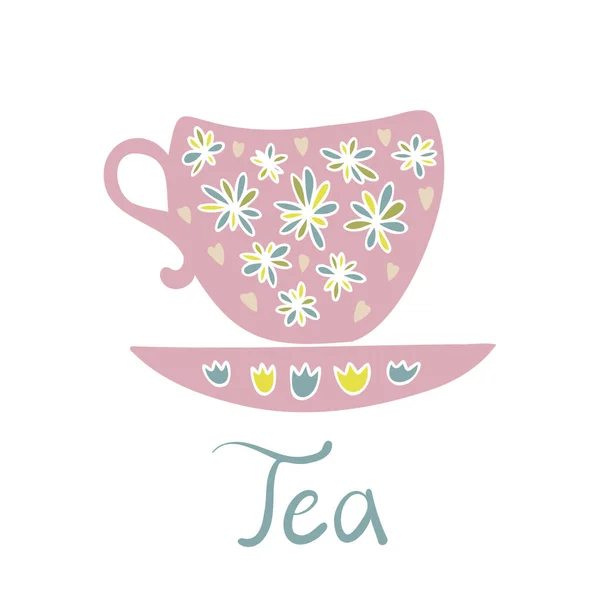 Isolierte Vektorillustrationskarte der Silhouette einer Teetasse mit floralen Ornamenten — Stockvektor