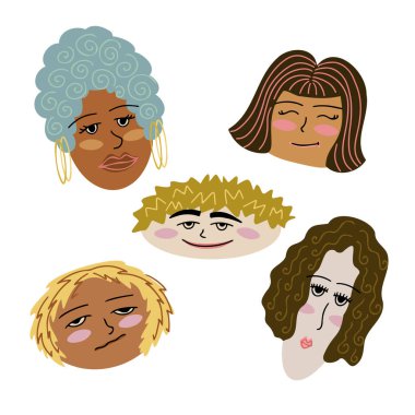 Farklı saç stilleri olan genç insanların izole edilmiş yaz vektör seti.