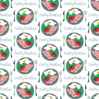 Kusursuz vektör desenli rengarenk kahvaltı yumurta, pastırma ve domatesli sağlıklı.