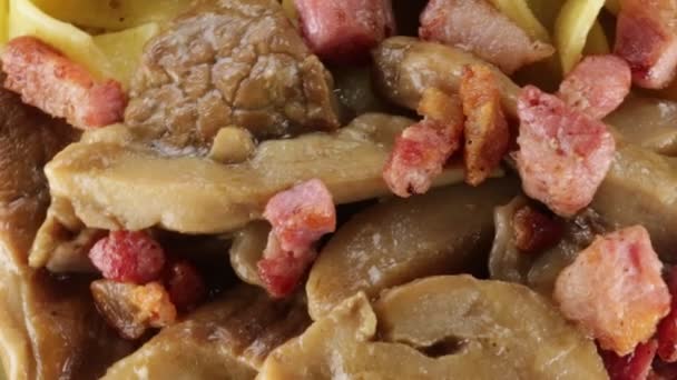 面条牛肝菌蘑菇和熏肉 — 图库视频影像