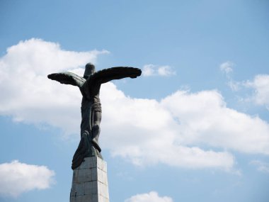 Bükreş / Romanya - 20 Temmuz 2020: Gökyüzü Kahramanları Anıtı: Romanya Havacılık ve Hava Kuvvetleri Gününün Hava Geçidi, askeri ve dini törenlerle kutlanması