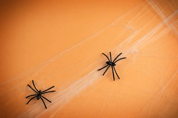 Turuncu arka planda örümcek ağları olan örümcekler. Cadılar Bayramı — Stok fotoğraf