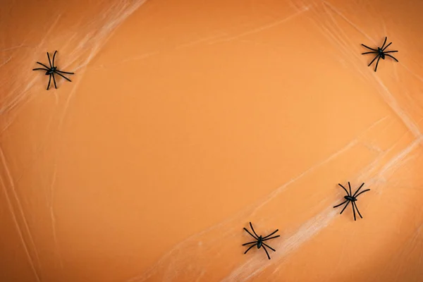 Pavouci s pavučinami na oranžovém pozadí, pohled shora. Halloween — Stock fotografie