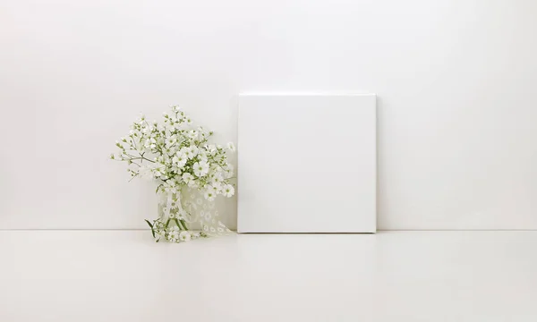 Square canvas mockup, white flowers, styled stock photo