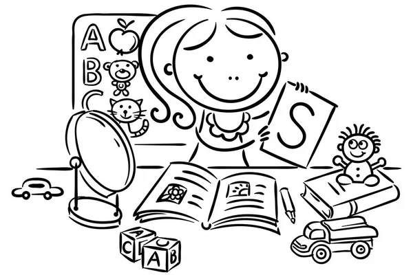 A kids speech therapist with toys, books, letters, mirror — Stock Vector
