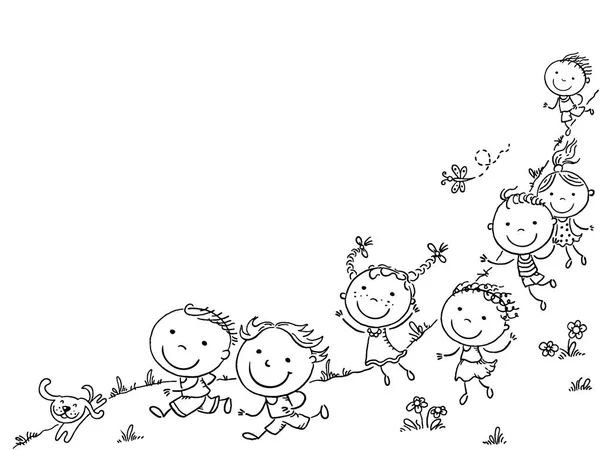Fröhliche Cartoon Kinder Laufen Vektorrahmen Mit Kopierraum Schwarz Weiß — Stockvektor