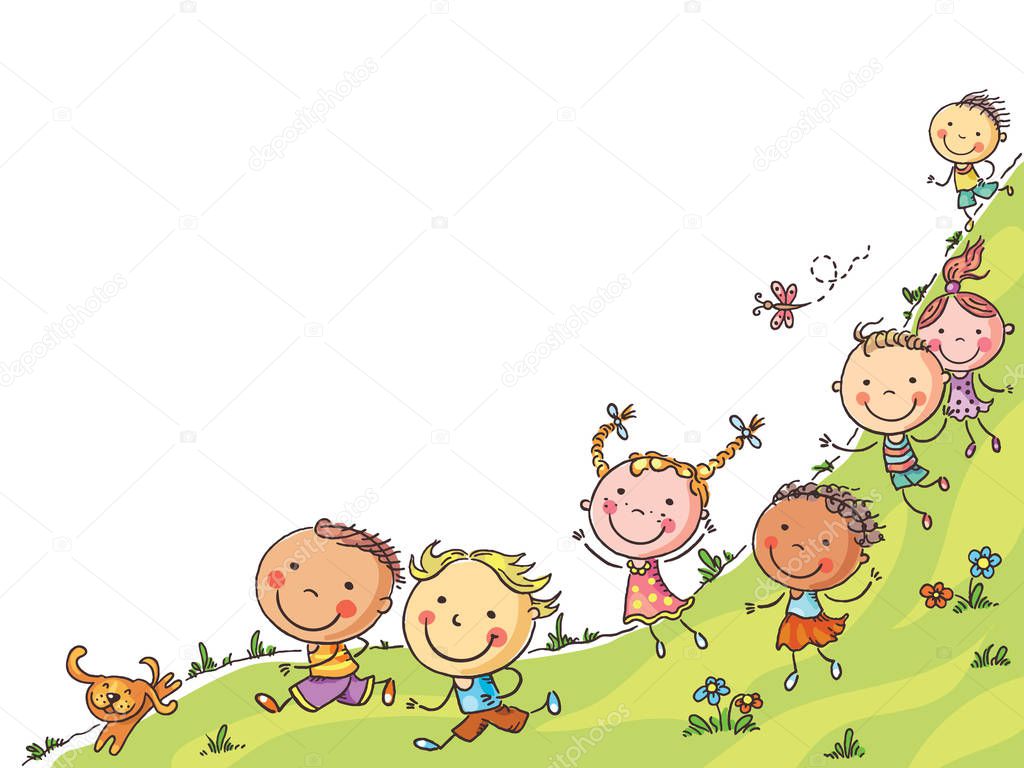 Happy cartoon kids running, vector frame with a copy space, colorful