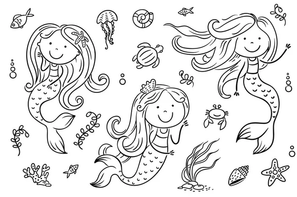Conjunto de sereia e vida marinha dos desenhos animados, vetor —  Vetores de Stock