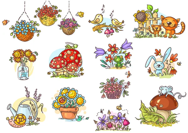 Piccole e semplici illustrazioni di cartoni animati con animali e fiori — Vettoriale Stock
