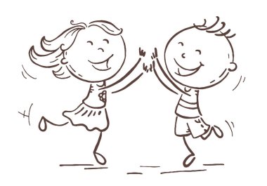 Oğlan ve kız sevinçle, karikatür vektör atlama