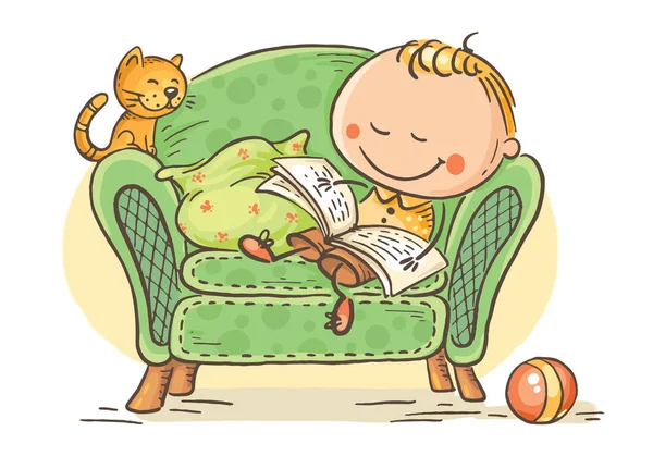 Niño leyendo un libro en un sillón con su gato — Vector de stock