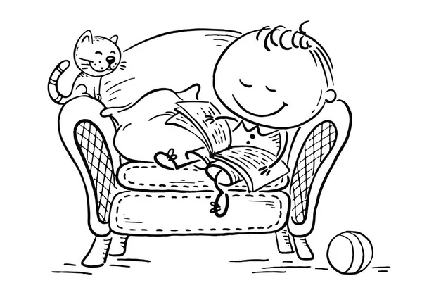 Petit enfant lisant un livre dans un fauteuil avec son chat — Image vectorielle