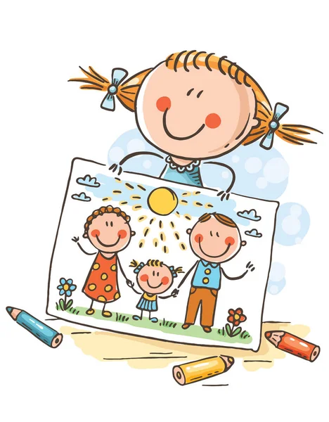Kleines Mädchen hat ein Bild von ihrer Familie gezeichnet — Stockvektor
