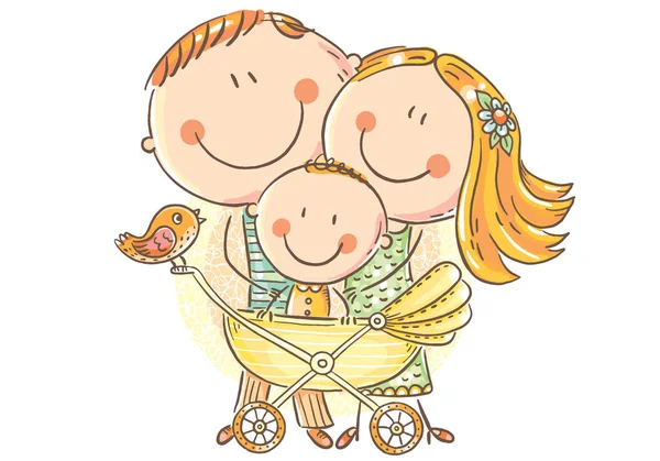 Happy family with a baby in a baby carriage — Stock Vector