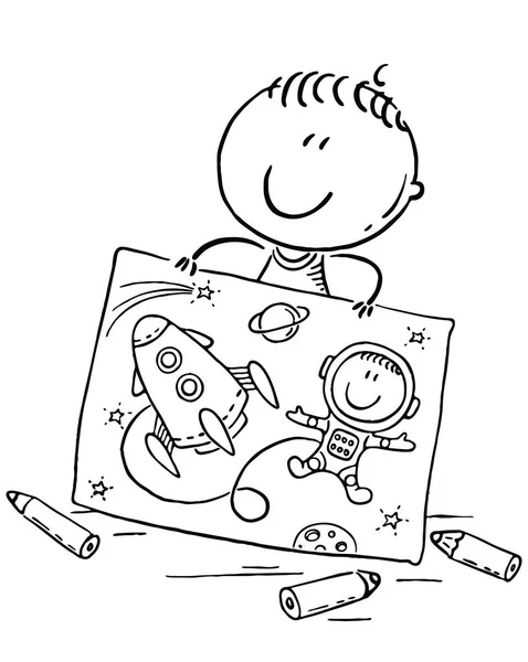 Маленький мальчик представляет себя космонавтом с ракетой в космосе, набросок — стоковый вектор