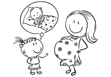 Hamile anne ve küçük kızı gelecekteki bebek hakkında konuşurken anahat