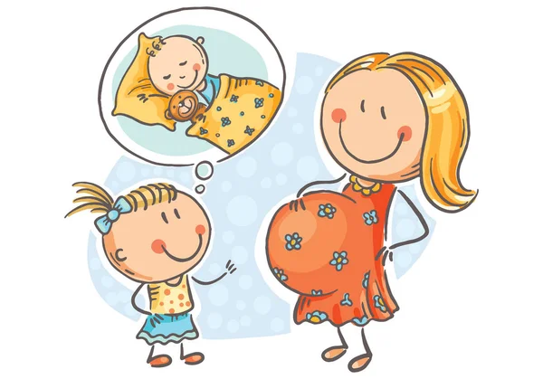 Zwangere moeder en dochtertje praten over de toekomstige baby, vectorillustratie — Stockvector
