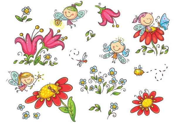 集卡通仙子, 昆虫, 花卉和元素, 矢量图形在白色背景下隔离 — 图库矢量图片