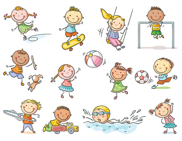 Little cartoon kids activities - playing outdoor games or going in for sports, set of 12 kids, no gradients
