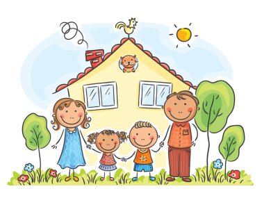 Evlerinin karikatür grafik iki çocuklu aile
