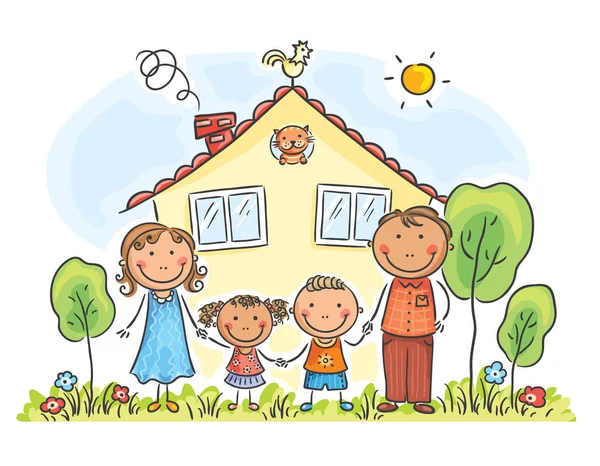 Сім'я з двома дітьми біля свого будинку, мультиплікаційна графіка — стоковий вектор