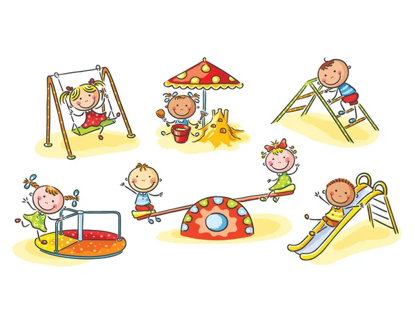 Happy cartoon kids on playground, cartoon graphics, illustration — Stock Illustration Happy cartoon kids on playground, cartoon graphics, illustration Royalty Free Stock Illustrations