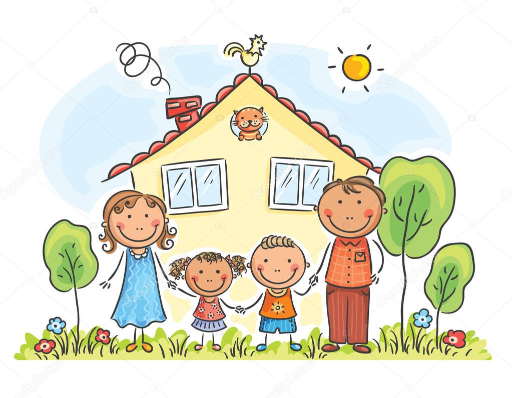 Family with two children near their house, cartoon graphics