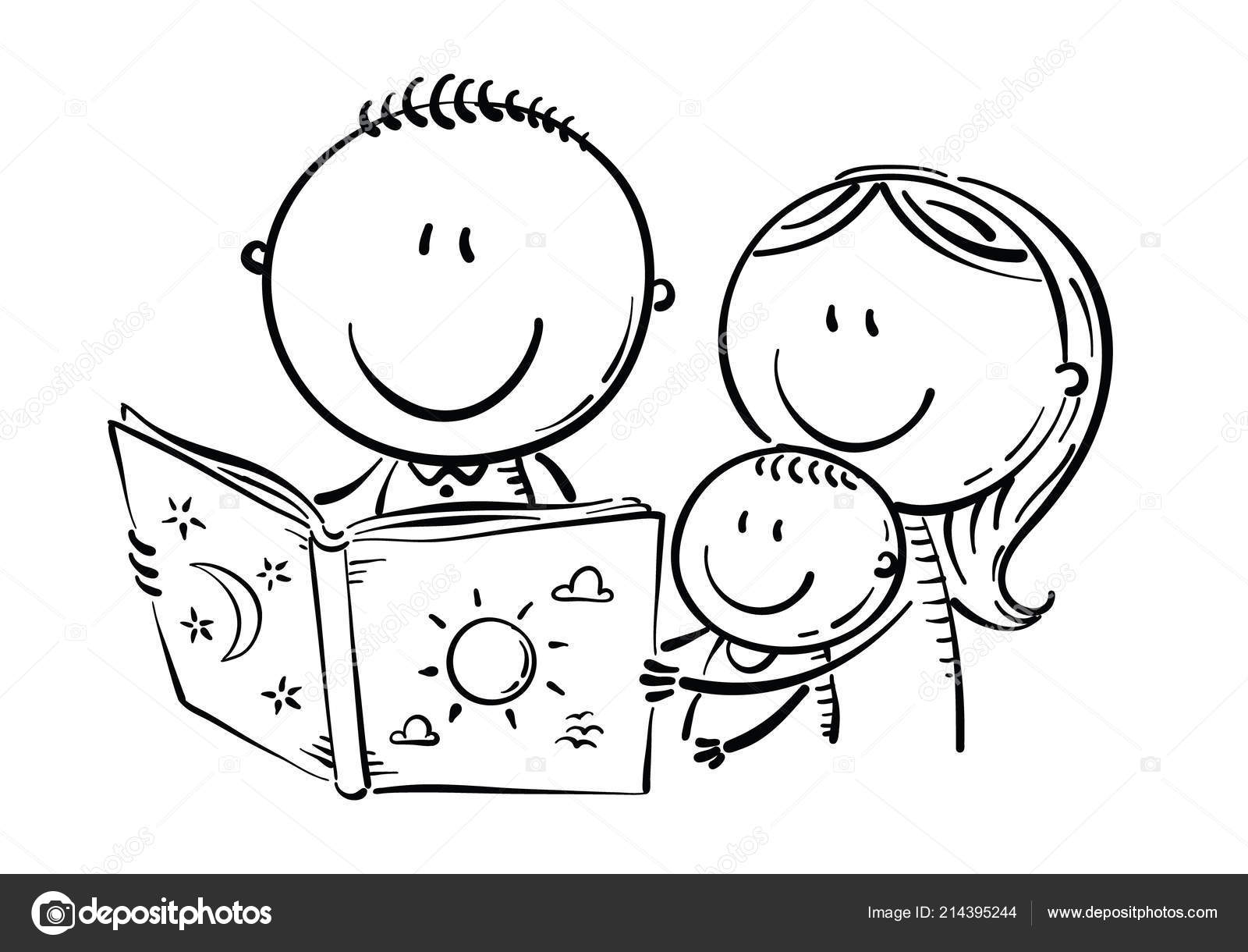 Vector Mother And Son Outline Cartoon Mother Father Son Reading