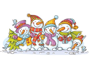 Mutlu renkli kardan adam ile Noel süsleri, tebrik kartı, illüstrasyon, renkli vektör