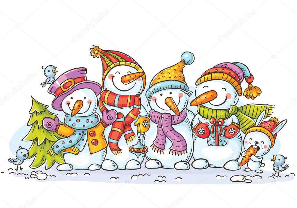 Happy colorful snowmen with Christmas ornaments, greeting card, vector illustration, colorful