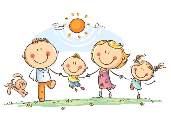 Щаслива сім'я з двома дітьми весело бігає на відкритому повітрі — стоковий вектор