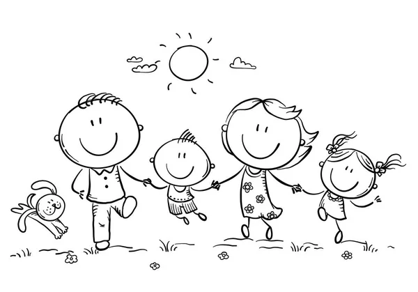 Famille heureuse avec deux enfants qui s'amusent à courir à l'extérieur, contour — Image vectorielle