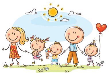 Açık havada yürüyüş üç çocuklu mutlu aile
