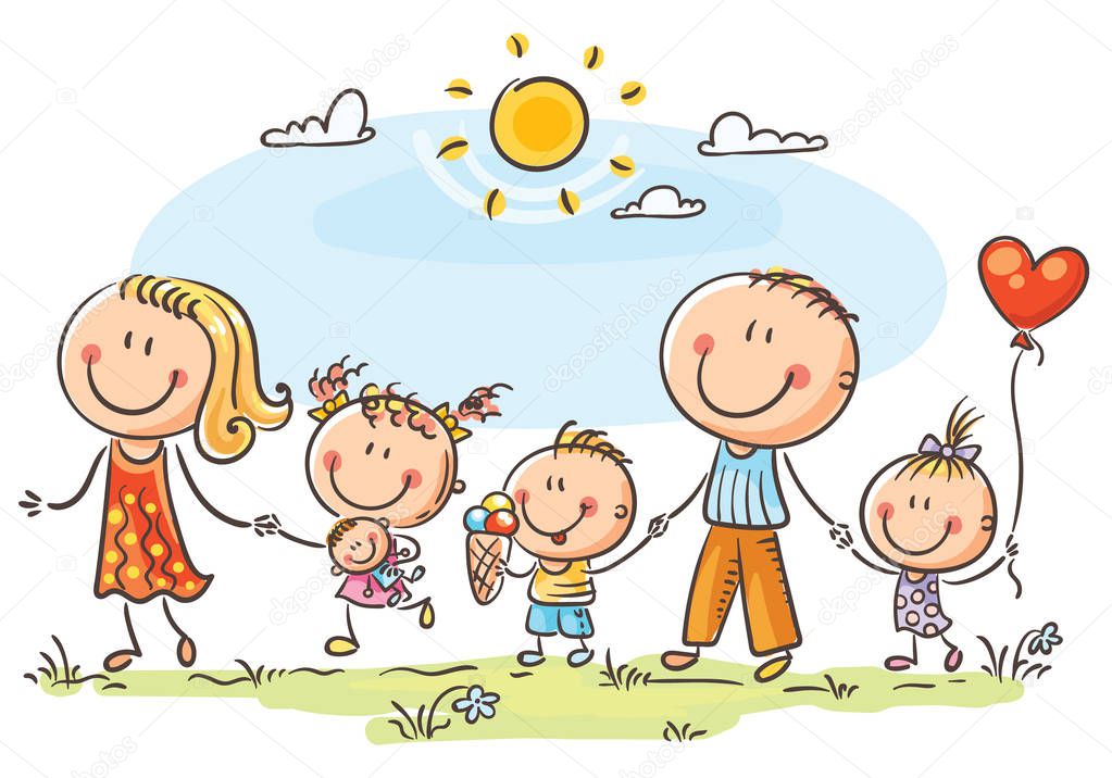 Happy family with three children walking outdoors