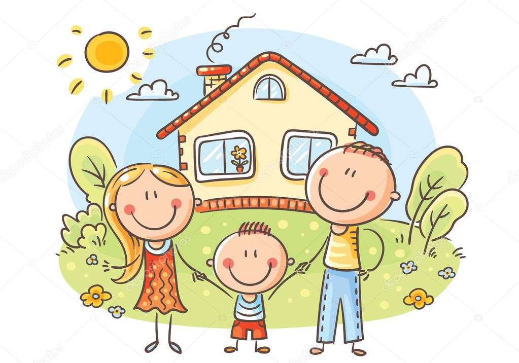 Happy cartoon family with one child near their house with a garden, vector illustration