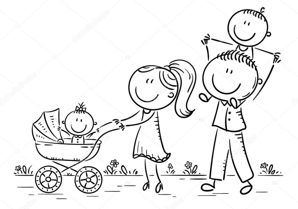 Happy cartoon family with two children walking outdoors, outline