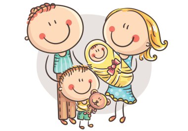 Mutlu aile, iki çocuklu, karikatür grafik