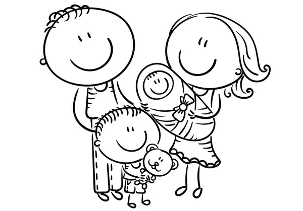 Ευτυχισμένη οικογένεια με δύο παιδιά, κινούμενα σχέδια γραφικά, περίγραμμα — Διανυσματικό Αρχείο