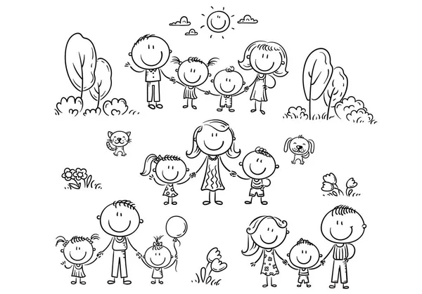 Familias felices con niños, esbozar ilustración — Vector de stock