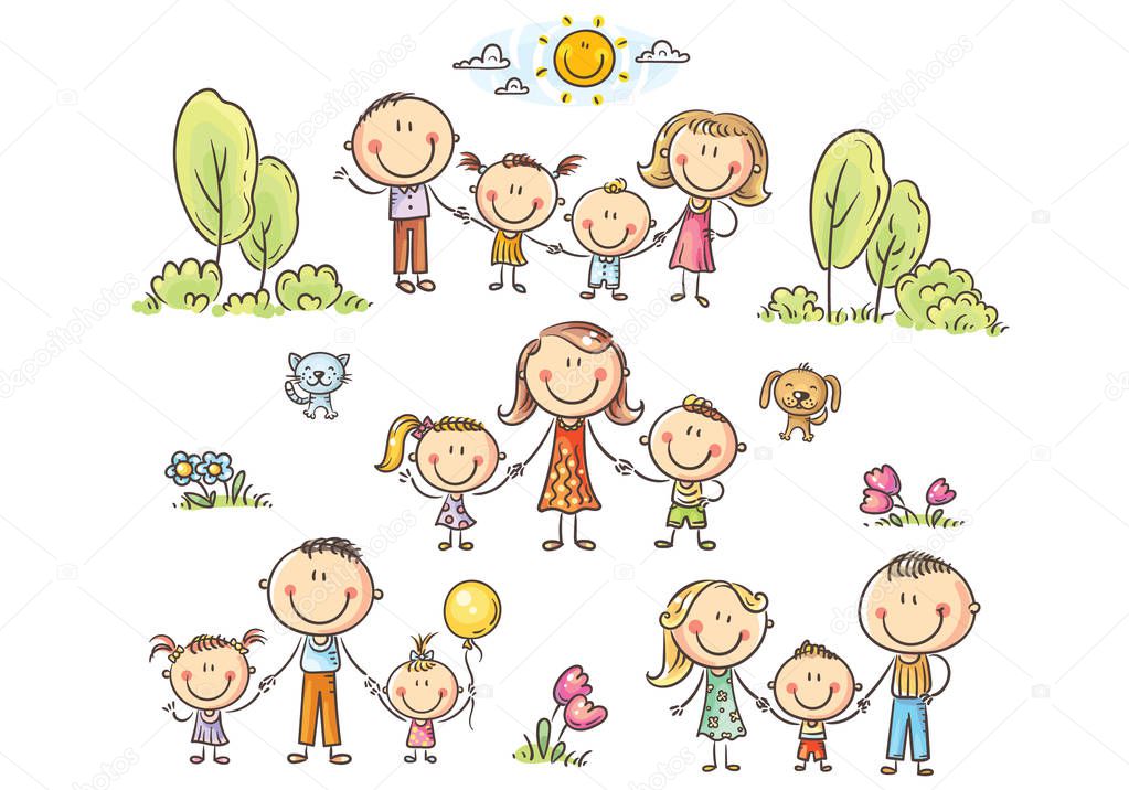Happy families set with children, vector illustration