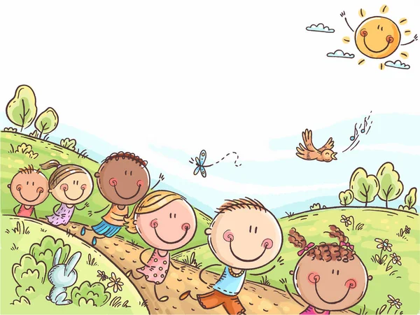 여름날에 야외에서 달리는 행복한 아이들, 복사 공간이있는 다채로운 배경 — 스톡 벡터