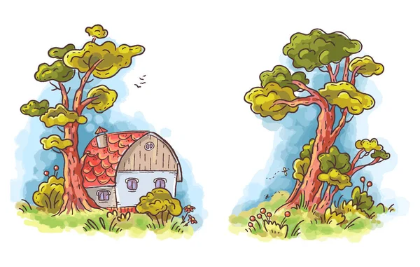 Kreskówka dom w lesie, kolorowe Vector clip art — Wektor stockowy