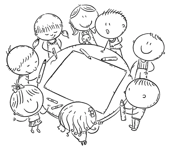 Doodle bambini che disegnano insieme, in bianco e nero — Vettoriale Stock