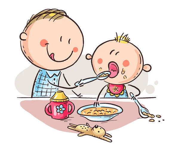 Padre alimentación bebé, ilustración colorida vector de dibujos animados — Vector de stock