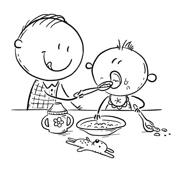 Father feeding baby, outline cartoon vector illustration — Stock Vector