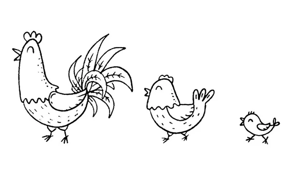 Famille de poulet dessin animé coloré, illustration vectorielle contour — Image vectorielle