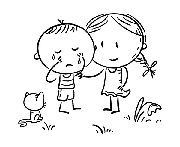 A little boy crying and a girl comforting him, outline — Stock Vector