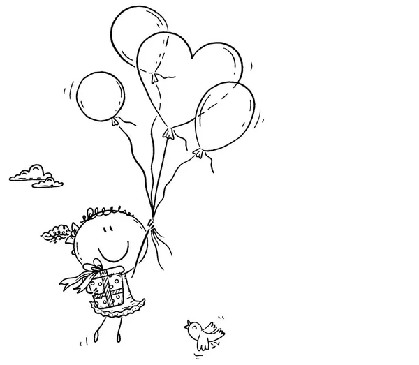Κορίτσι που πετάει με τα μπαλόνια και κουβαλάει ένα δώρο, ευχετήρια κάρτα γενεθλίων — Διανυσματικό Αρχείο