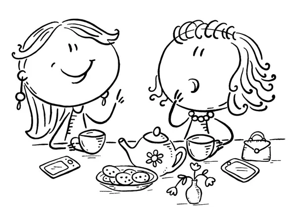 Friends talking and drinking tea, outline cartoon illustration — Stock Vector